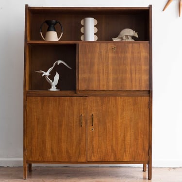 Vintage Mid Century Walnut Bookcase or Dry Bar with Secretary Desk 