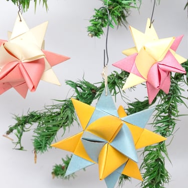3 Vintage Hand Made Moravian Christmas Star Ornaments, German Froebel Star Folded Paper 
