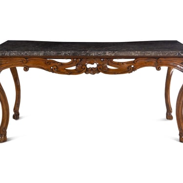 French Hand Carved Walnut &amp; Marble Top Console