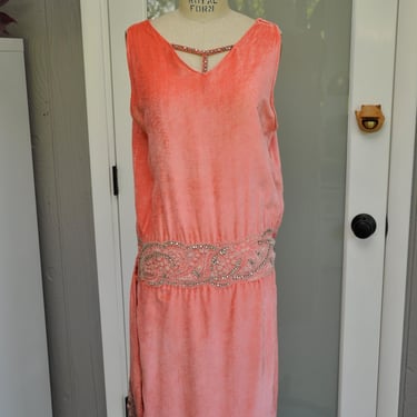 antique 1920s salmon pink drop waisted beaded dress XS/S 