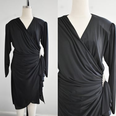 1970s/80s Black Draped Knit Cocktail Dress 