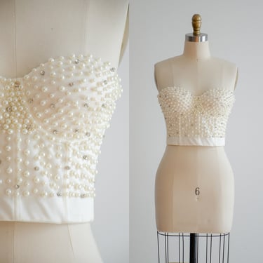 pearl bustier corset Windsor white bead rhinestone strapless crop top 