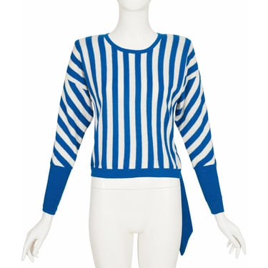 Sonia Rykiel 1980s Vintage Blue & Cream Striped Angora Wool Knit Sweater Sz S 