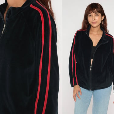 Velour Jacket Track Jacket Black Red Striped Zip Up Sweatshirt Y2K Warm Up Retro 00s Long Sleeve Sports Athleisure Athletic Medium 