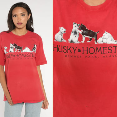 Husky Homestead Shirt 90s Denali National Park Alaska T-Shirt Dog Sled Race Graphic Tee Dogsled AK Tourist Tshirt Red Vintage 1990s Large L 