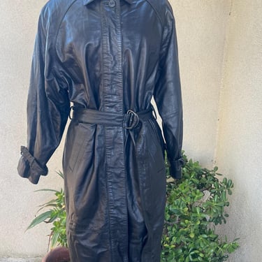 Vintage Black Leather Trench Coat Maxi Lined Pockets Sz M GDT Too 