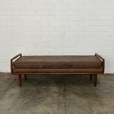Contemporary Oak and Leather Bench 