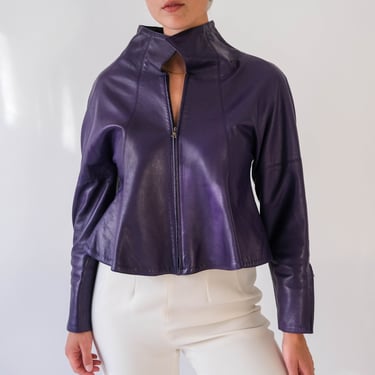 Vintage 80s Claude Montana Pour Ideal-Cuir Purple Leather Vamp Collar Peplum Jacket | Made in Paris France | 1980s French Designer Jacket 