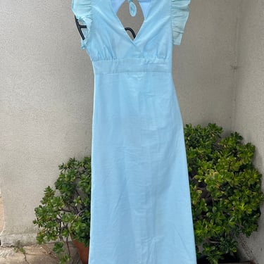 Vintage 70s maxi dress back ties blue white Swiss dot Sz XXS 