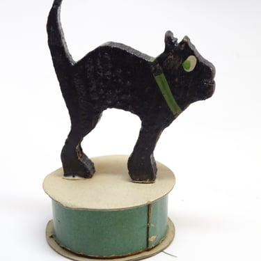 Antique Wooden Black Cat on Cardboard Candy Box, Vintage Retro Halloween Party Container 