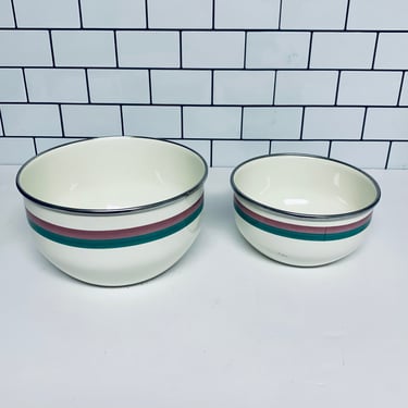 Set of Two Vintage Pfaltzgraff Juniper Enamelware Nesting Mixing Bowls, Metal Mixing Bowls, Retro Kitchen 