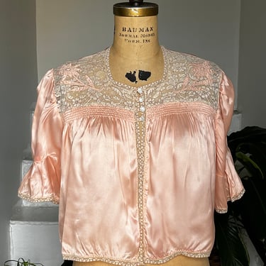 1930s Silky Satin Bed Jacket Lace Appliqués MOP Buttons 