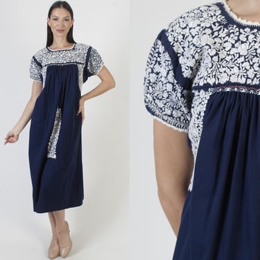 Navy Blue Oaxacan Mini Dress, All White Hand Embroidery, Made In Mexico, Vintage Mexican Frida Kahlo Caftan 