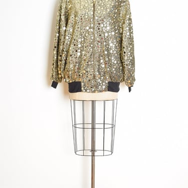 vintage 80s bomber jacket metallic gold foil sequin over sized coat sparkly XL clothing 