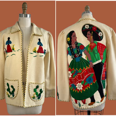 FIESTA WEAR Vintage 50s Jacket | 1950s Mexican Tourist Souvenir Top by Garcia Leal | Felt Appliqué | Southwestern | Sz Medium Large 