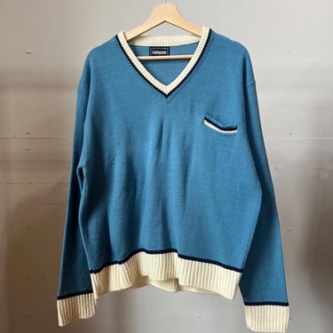 Large, Vintage 1970s Blue Campus Pullover Sweater, V Neck, S4 