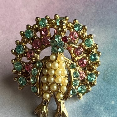 jeweled peacock brooch vintage pink and blue bird lapel pin 
