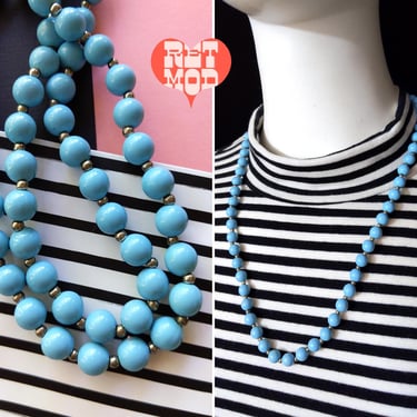 Nice Vintage 70s 80s 90s Light Blue Beaded Necklace with Silver Spacer Beads 