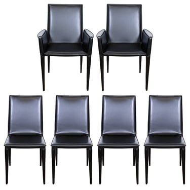 Contemporary Modern Set of 6 DWR Bottega Italian Black Leather Dining Chairs 