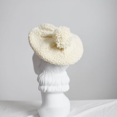 80s Cream Knit Beret Winter Hat 