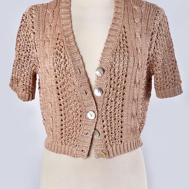 80's Neutral Beige GAP Short Cardigan Sweater Jacket Sheer Nylon Crochet Blouse, Top, Short Sleeve, Vintage 1980's 