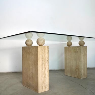 1970’s Postmodern Italian Double Pedestal Travertine & Glass Dining Table 