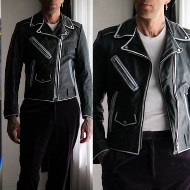 Vintage 70s EXCELLED Black & White Hand Painted Trim Distressed Leather Motorcycle Jacket | Made in USA | Size 38 | 1960s 1970s Biker Jacket 