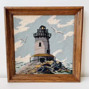 Vintage Framed Lighthouse Needlepoint