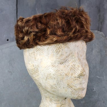 Fabulous Faux Fur Pillbox Hat | Brown Curly Faux Fur Hat | Vintage Winter Fashion - 19" Circumference | Bixley Shop 