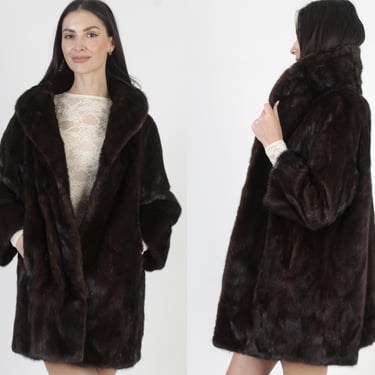 John Ross Mahogany Mink Jacket, Cropped Dark Brown Fur Coat, Large Rolled Shawl Collar, Womens Wedding Overcoat 