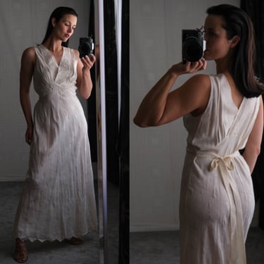 Vintage 30s Angelic Ivory Silk Floral Jacquard & Embroidered Appenzell Lace Maxi Dress | 100% Silk | Bride, Wedding | 1930s Slip Dress 