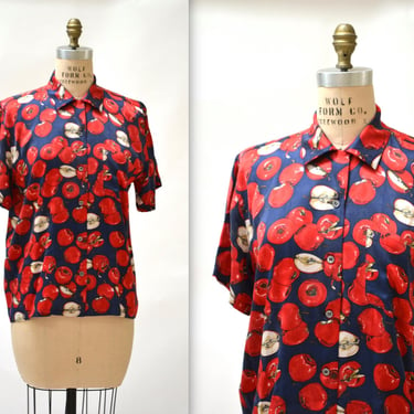 Vintage Nicole Miller Silk Shirt Size Medium Large with Fruit Print Apples Orchard Mens Womens Silk Shirt size Small Medium Red and Blue 