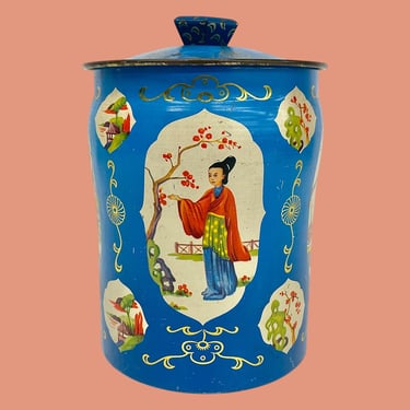 Vintage Biscuit Tin with Lid Retro 1970s Mid Century Modern + George W. Horner & Co. + Japanese Geisha + Blue Tin Metal + Made in England 