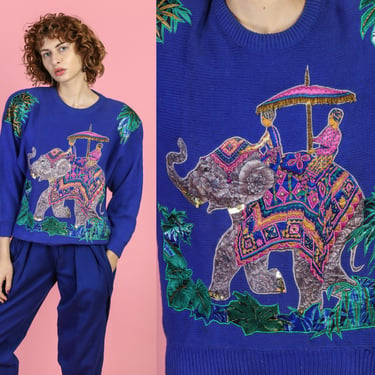 80s Royal Blue Elephant Sweater - Medium | Vintage Oversized Knit Applique Animal Pullover 