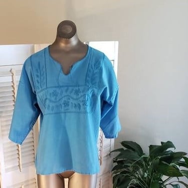 80s Blue on Blue Cotton Embroidered Ethnic  Top Tunic  M/L 
