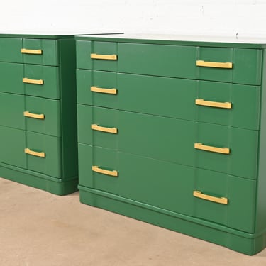 Donald Deskey Style Art Deco Green Lacquered Chests of Drawers, Newly Refinished