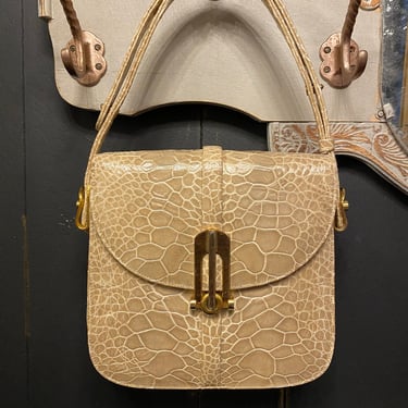 1960s handbag, vintage purse, beige, faux alligator, adjustable strap, mrs maisel style, mid century fashion, 60s accessories, shoulder bag 