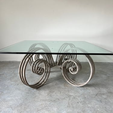80's Postmodern Spiral Scrolled Iron Square Coffee Table 