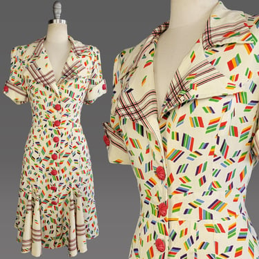 1970s Dress / Rainbow Print / Rayon Novelty Print Dress / Dress by Foxy Lady / Short 1970s Dress / Dated 1972 / Size Small Medium 