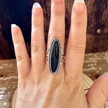 BLACK ONYX DROPLET Silver Ring | Black and Sterling Silver | Navajo Native American, Southwestern | Size 7 & 8 