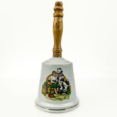 Vintage Porcelain Bell | Norman Rockwell Illustrated Colonial Style Bell w/ Wooden Handle | 