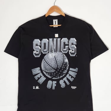Vintage 1990s Seattle SuperSonics Black &amp; White Basketball T-Shirt Sz. XL