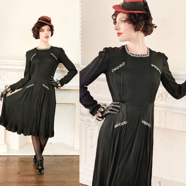 1940s Black Rayon Cocktail Dress with Cream Embroidery Medium 
