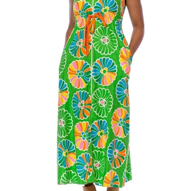 1960S Kelly Green & Orange Cotton Sateen Pinwheel Floral Dress With Pockets 