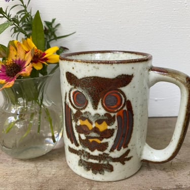Vintage 70's Owl Mug, Coffee Mug/Cup, Retro Owl, Stoneware, Speckled, Halloween Owl 