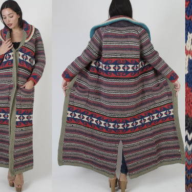 Southwestern Hand Knit Duster Sweater, Chunky Shawl Collar Maxi Jacket, Mexican Style Guatemalan Tribal Print 