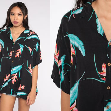 Tropical Button Up 90s Bird Of Paradise Shirt Retro Boho Surfer Vacation Short Sleeve Top Floral Black Retro Vintage 1990s Mens Extra Large 