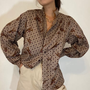 90s equestrian blouse / vintage cotton foulard horse equestrian puff bishop sleeve smock blouse | L 