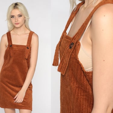 Corduroy Jumper Dress 80s Brown Pinafore Mini Dress Grunge Overall Dress Low Armhole Day Dress Retro Summer Hipster Boho Vintage 1980s Small 