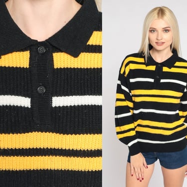 Striped Polo Sweater 80s Collared Knit Sweater Black Yellow White Pullover Retro Preppy Streetwear Basic Vintage 1980s Acrylic Medium M 